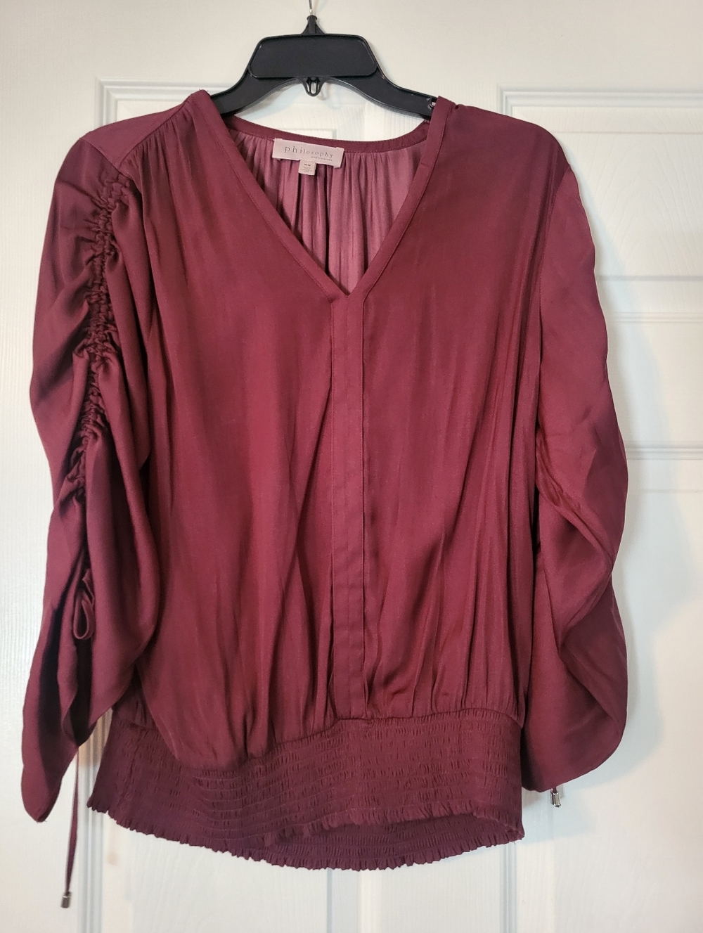 Philosophy Wine V-Neck Blouse with Ruched Sleeves, Medium